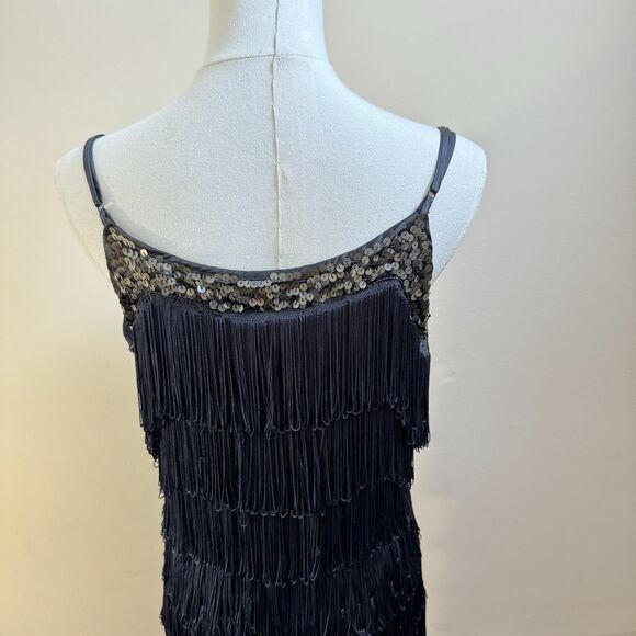 Vintage Forever 21 All Over Fringe + Sequin Mini Dress Black Size M - Picture 3 of 8